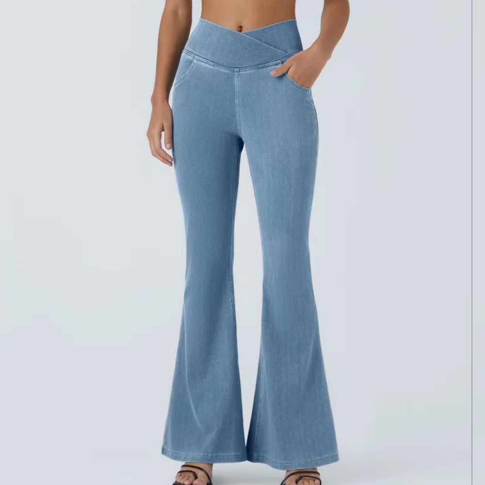 Halara Flex High Waisted Crossover Jeans XS Petite Flare Denim Pockets
